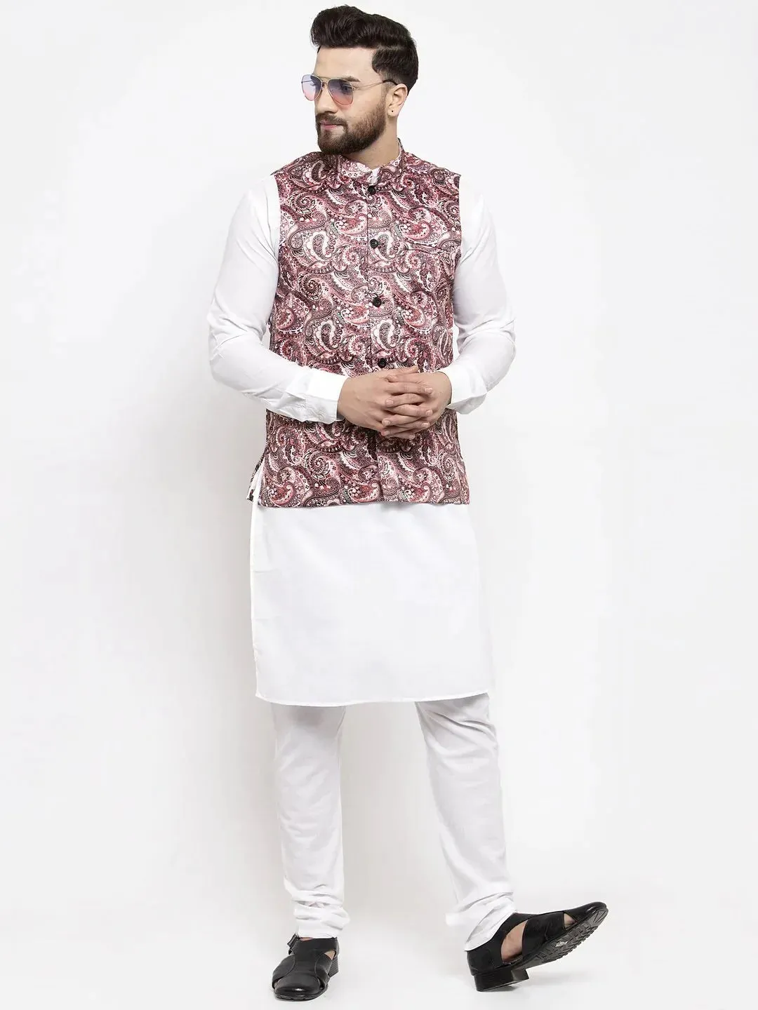 Men Pink Printed Satin Nehru Jacket