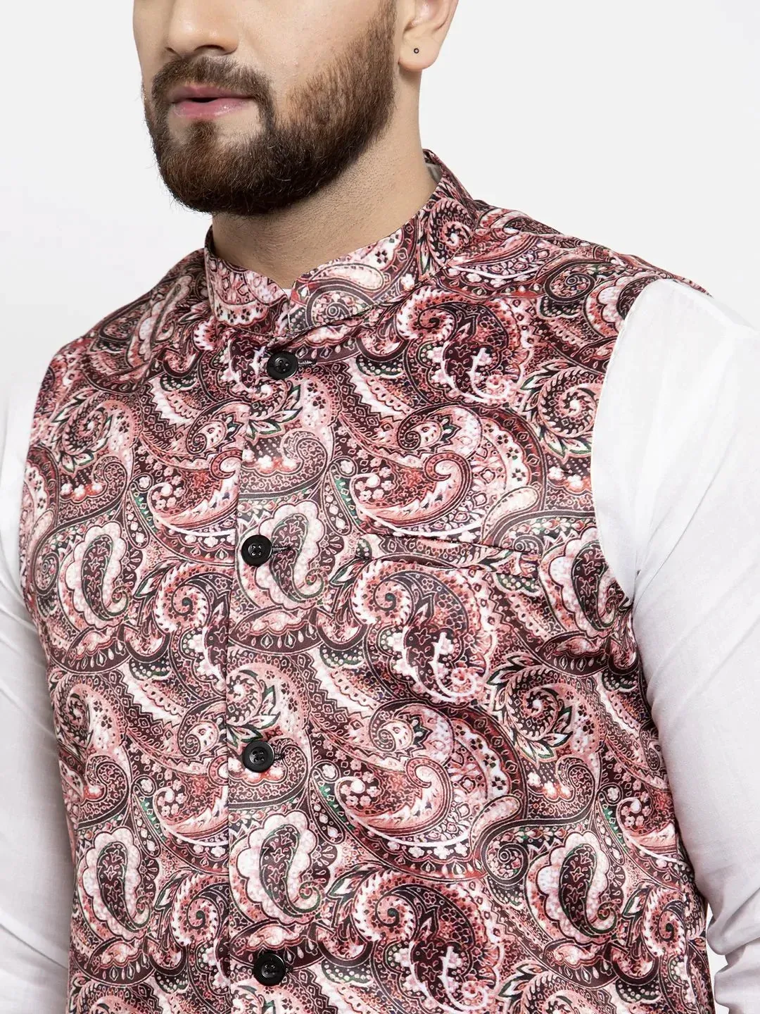 Men Pink Printed Satin Nehru Jacket