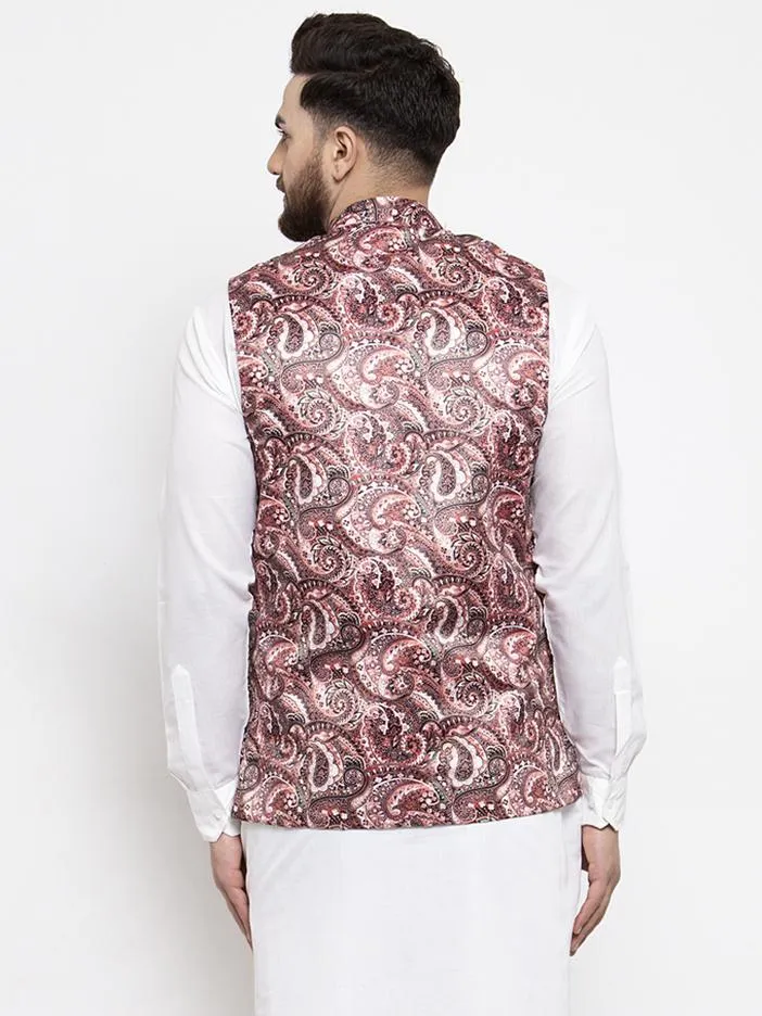 Men Pink Printed Satin Nehru Jacket