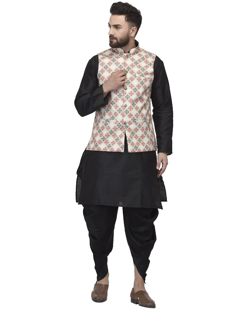 Men's Black Kurta With Dhoti & Green Printed Nehru Jacket - Benstoke