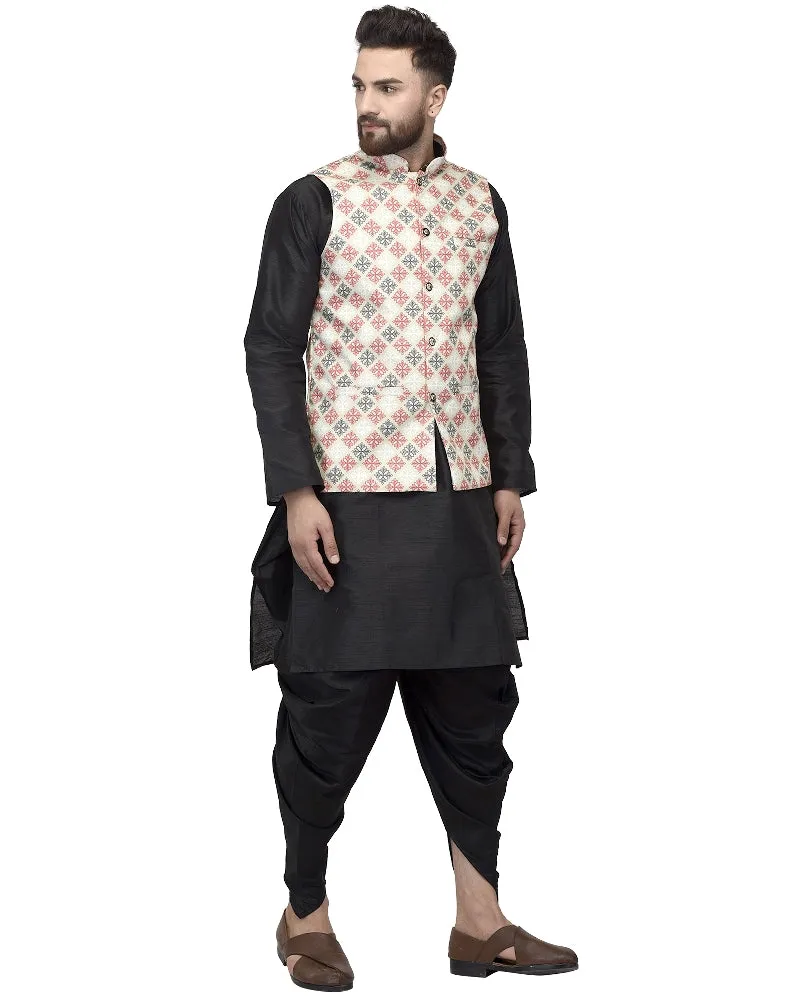 Men's Black Kurta With Dhoti & Green Printed Nehru Jacket - Benstoke