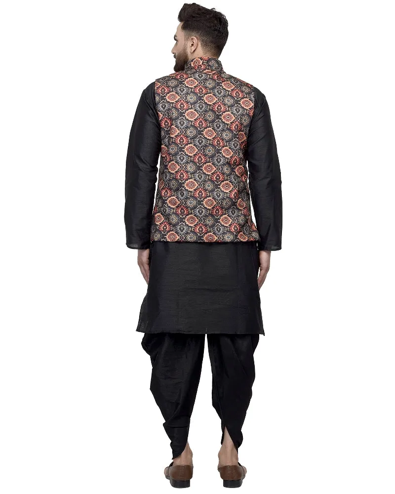 Men's Black Kurta With Dhoti & Multi Printed Nehru Jacket - Benstoke