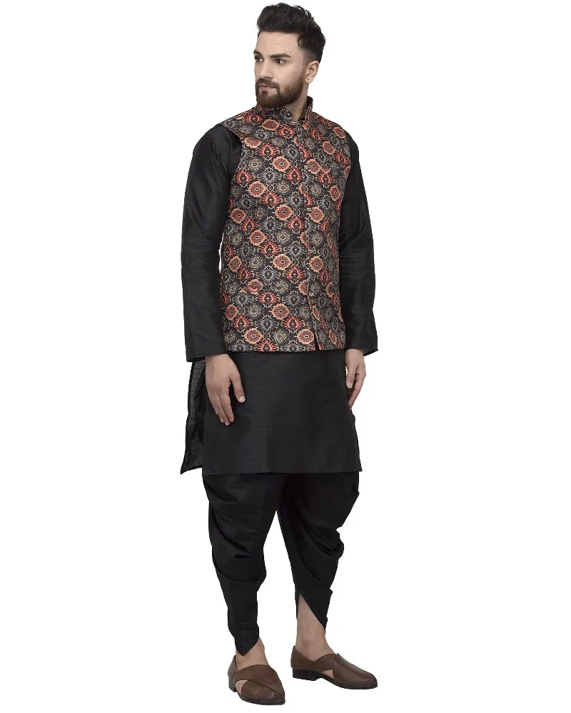 Men's Black Kurta With Dhoti & Multi Printed Nehru Jacket - Benstoke