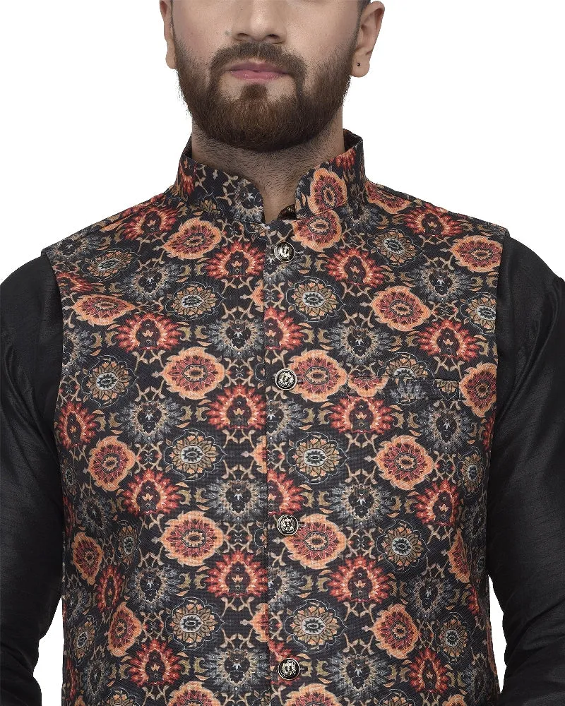 Men's Black Kurta With Dhoti & Multi Printed Nehru Jacket - Benstoke