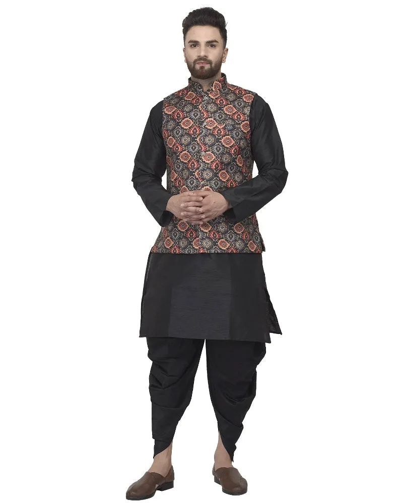 Men's Black Kurta With Dhoti & Multi Printed Nehru Jacket - Benstoke