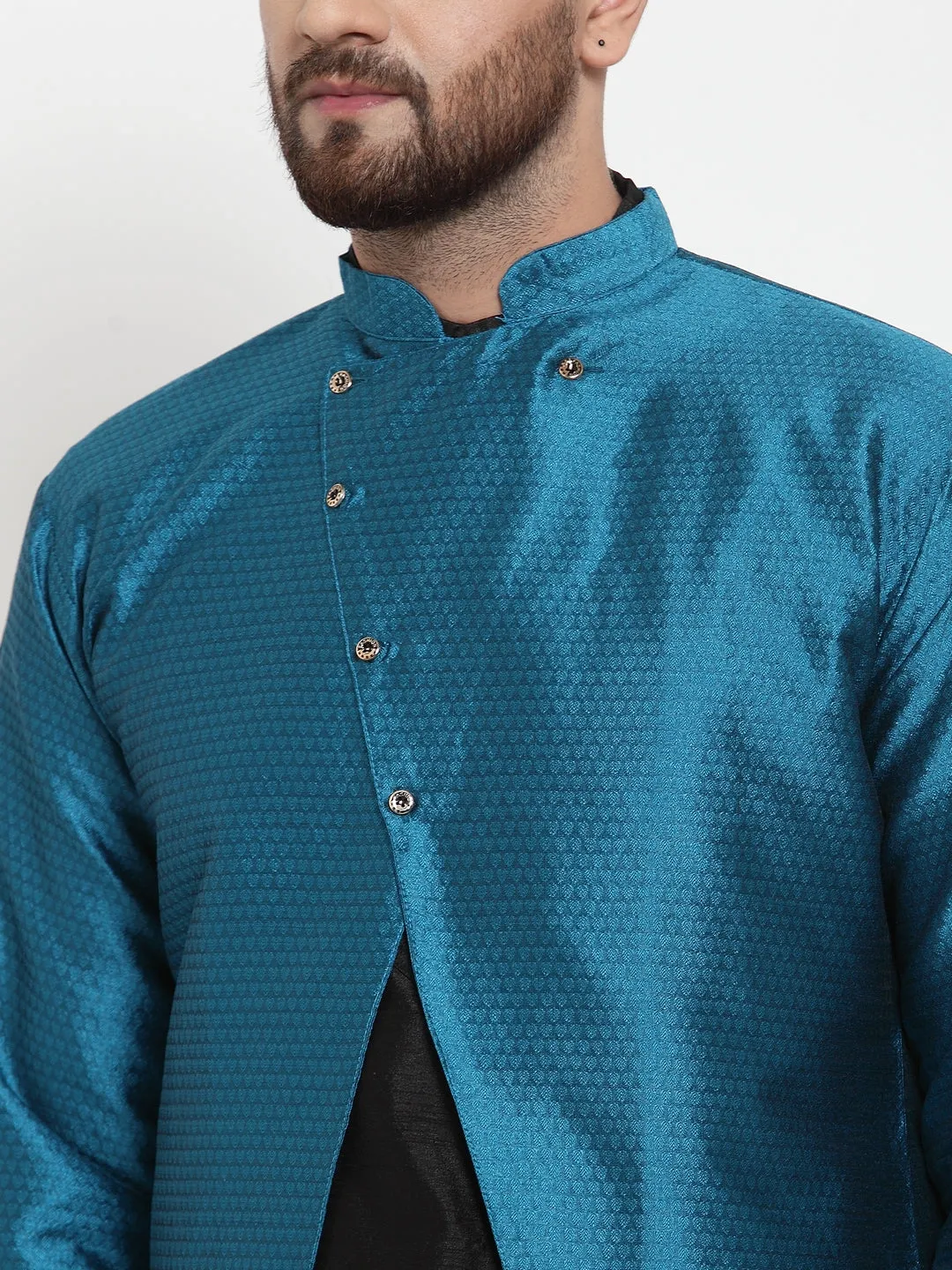 Men's Black Kurta With Pyjama & Peacock Blue Self Design Jacket - Benstoke