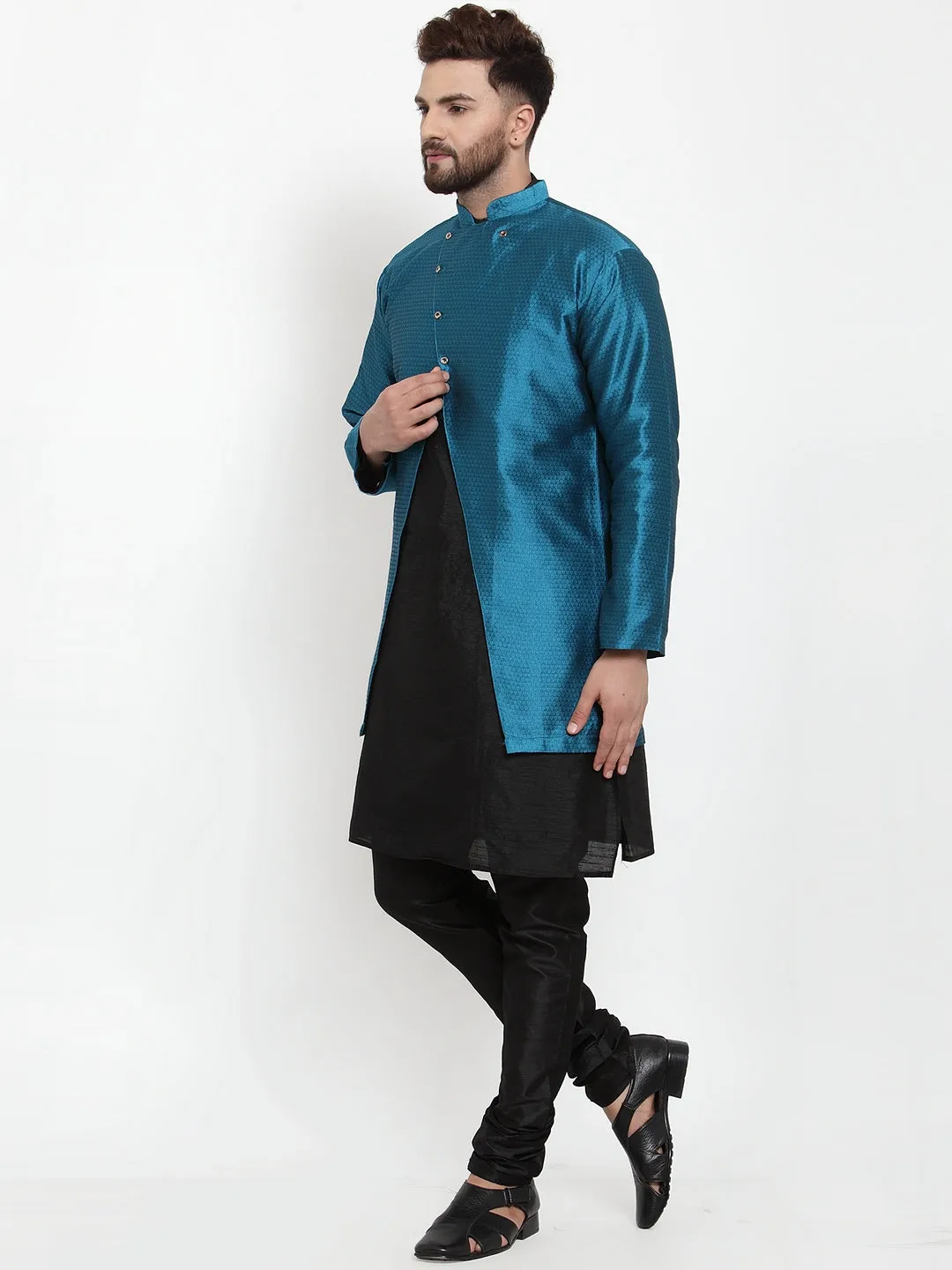 Men's Black Kurta With Pyjama & Peacock Blue Self Design Jacket - Benstoke