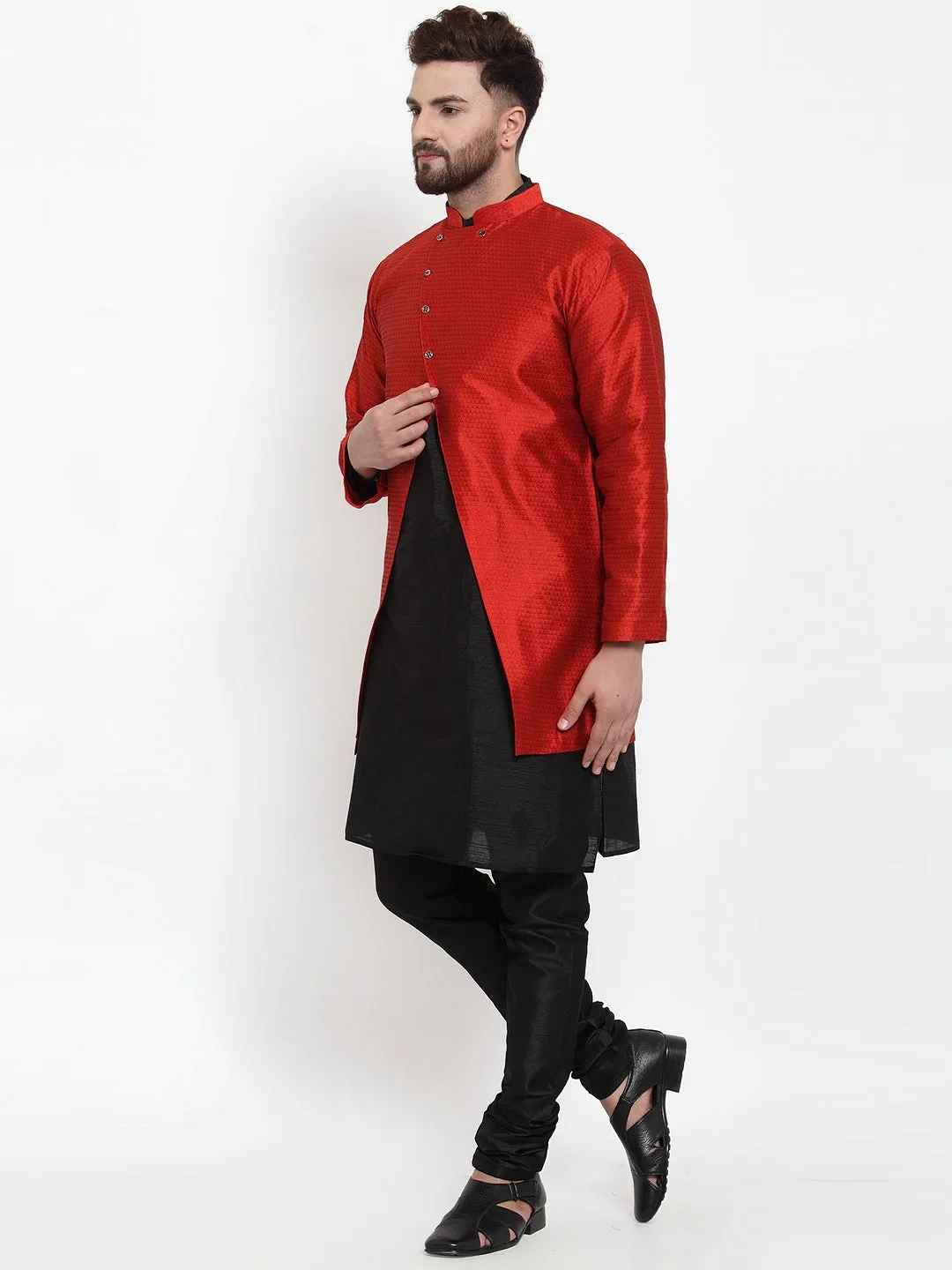 Men's Black Kurta With Pyjama & Red Self Design Jacket - Benstoke