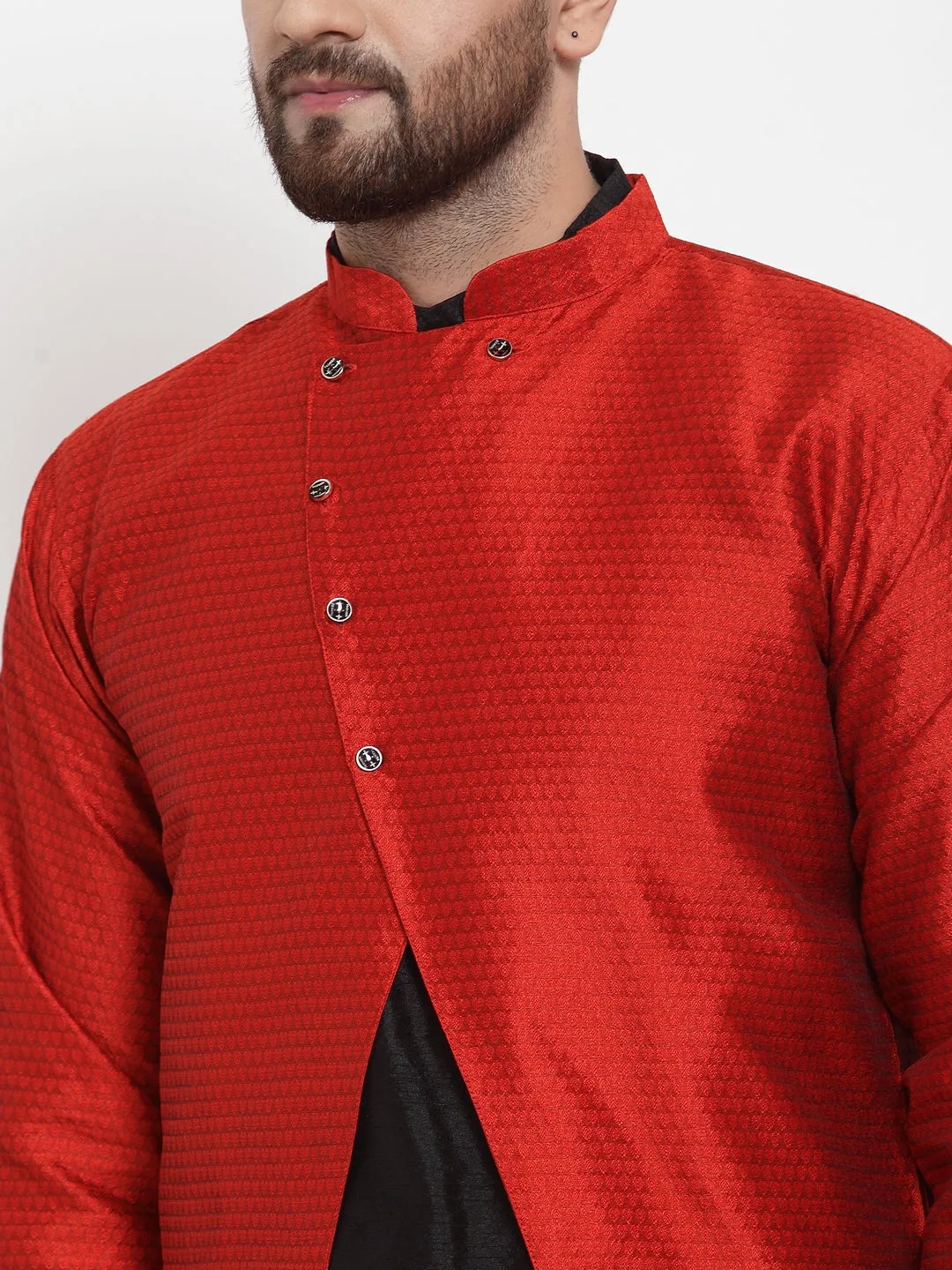 Men's Black Kurta With Pyjama & Red Self Design Jacket - Benstoke