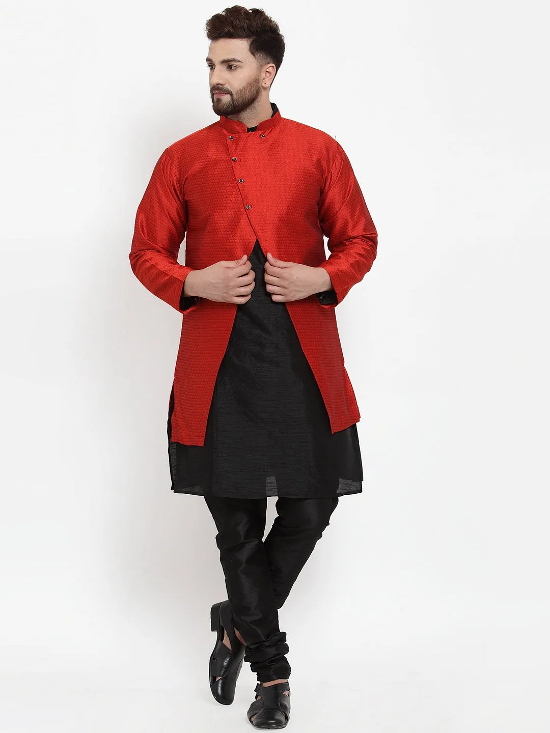 Men's Black Kurta With Pyjama & Red Self Design Jacket - Benstoke