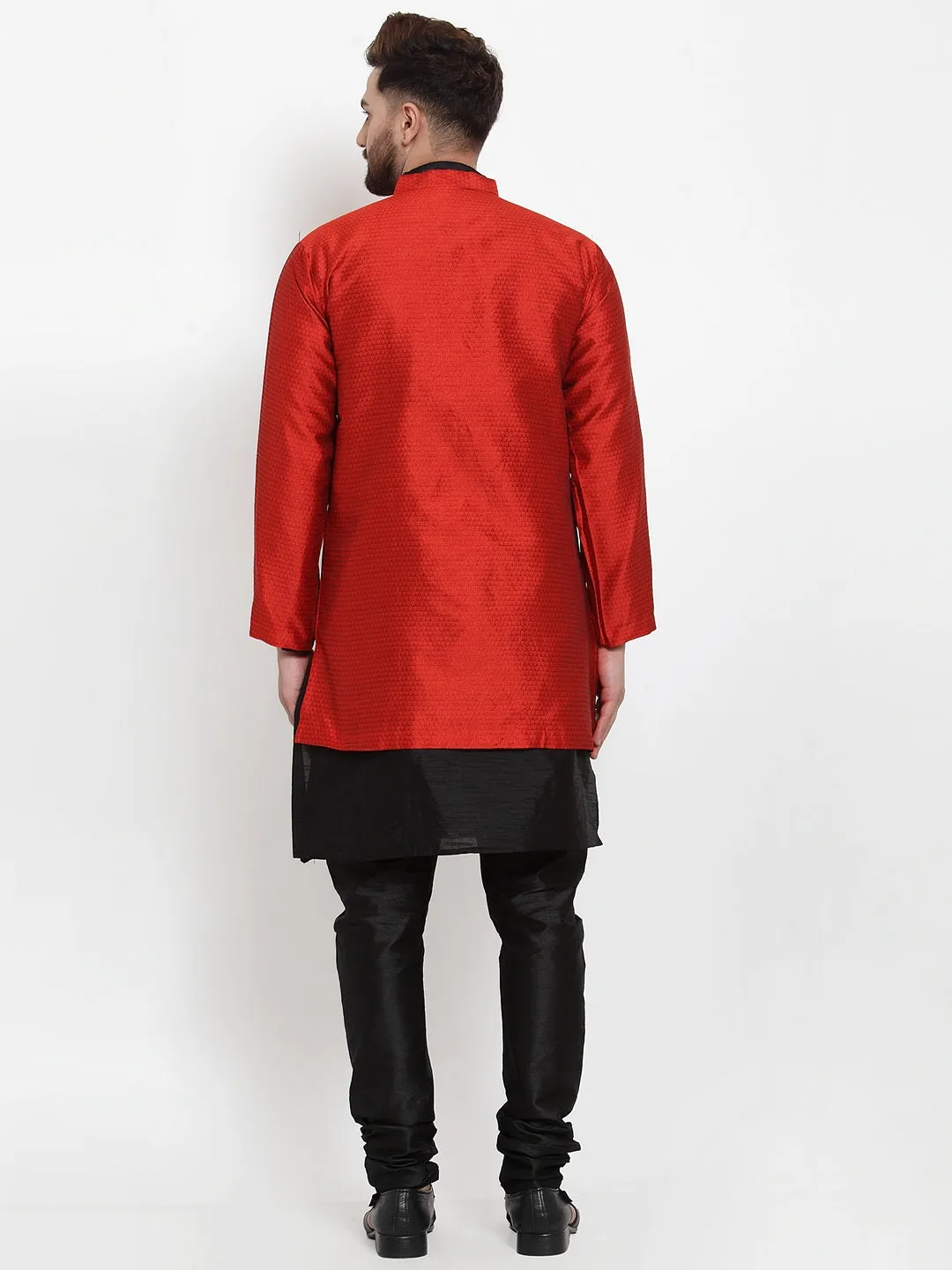 Men's Black Kurta With Pyjama & Red Self Design Jacket - Benstoke