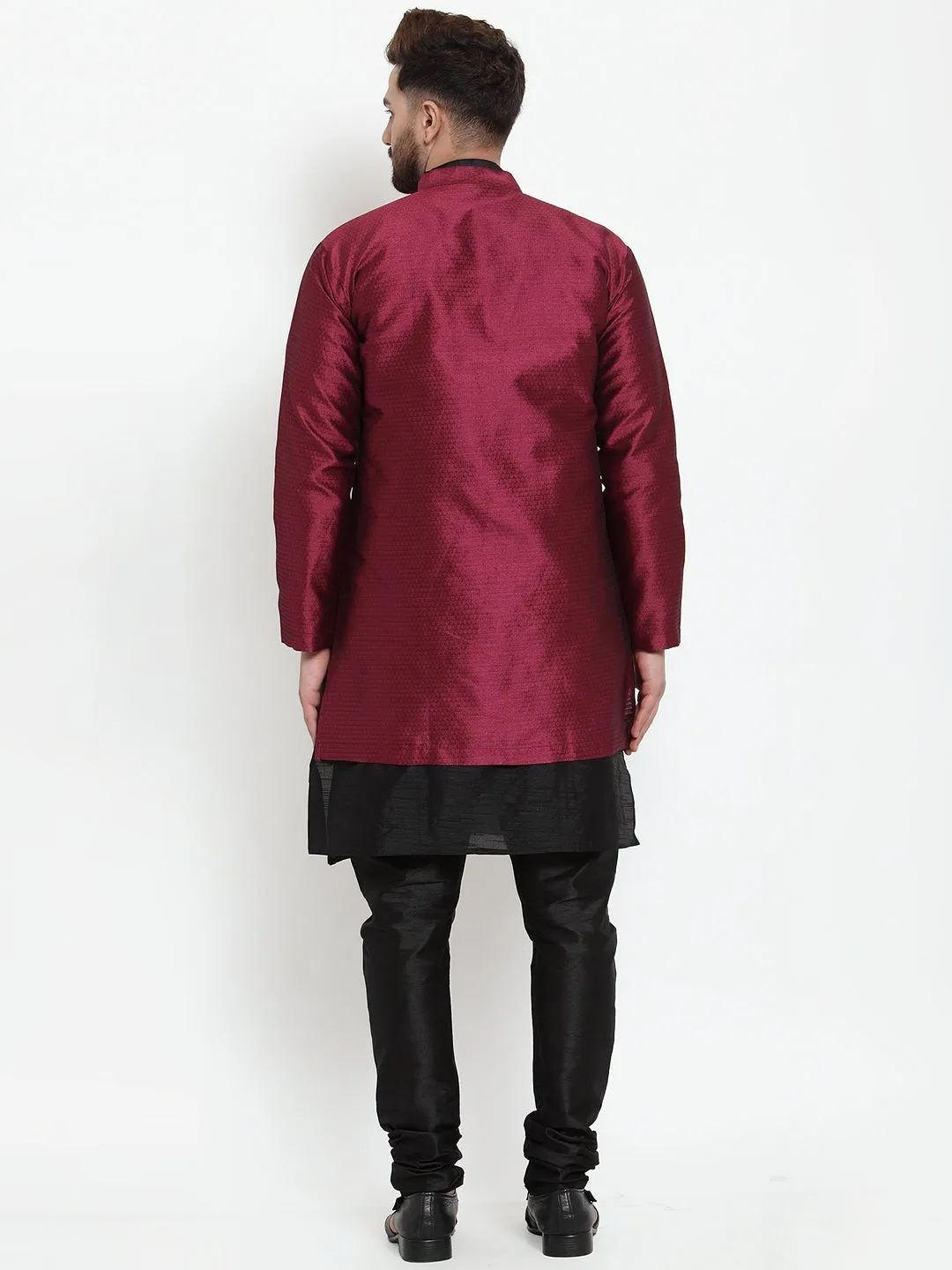 Men's Black Kurta With Pyjama & Wine Self Design Jacket - Benstoke