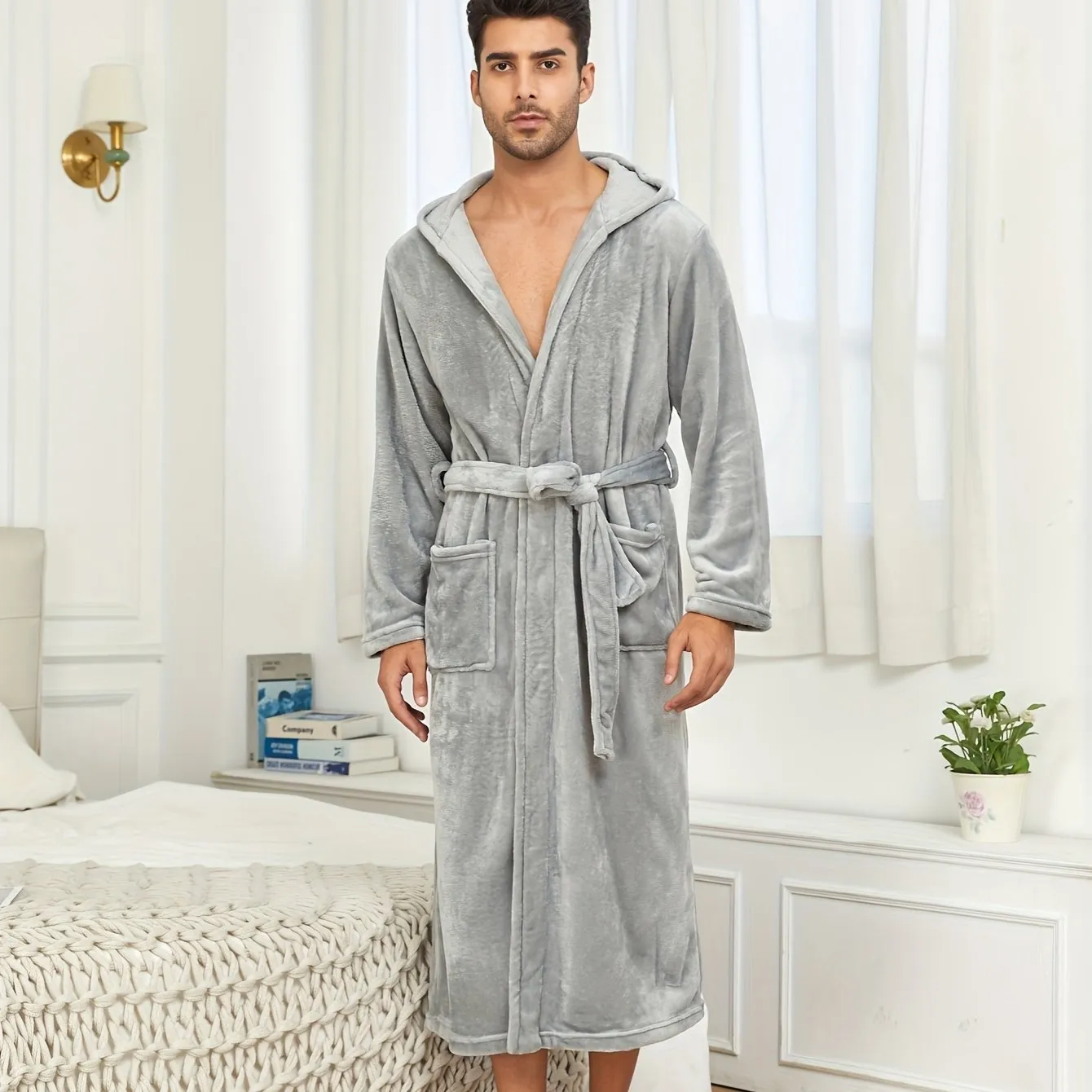 Men's Breathable Comfy Solid Color Bathrobe With Belt For Home Pajamas Soft Flannel Double Layer Hooded Sleepwear Night-robe Set After A Bath