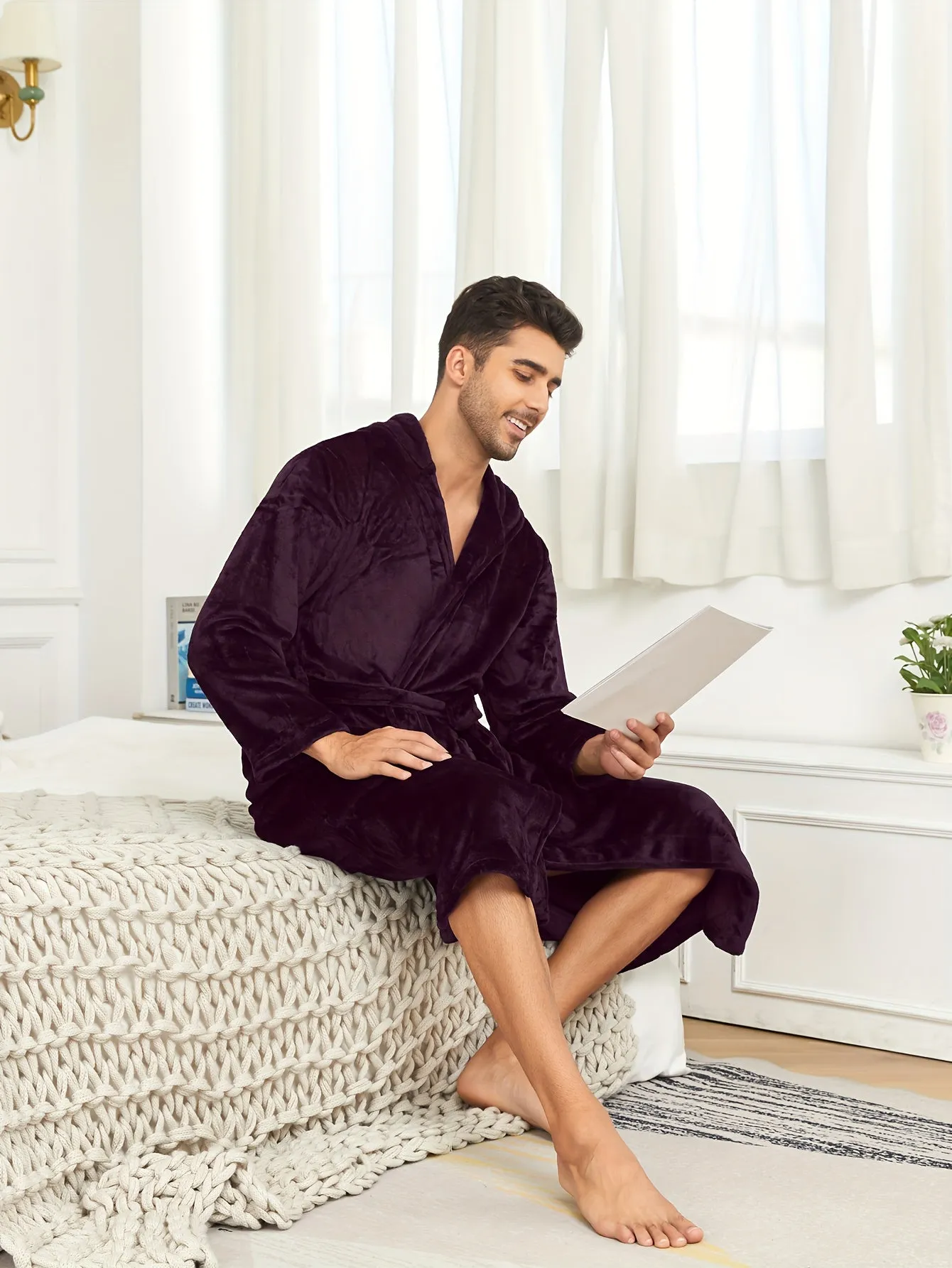 Men's Breathable Comfy Solid Color Bathrobe With Belt For Home Pajamas Soft Flannel Double Layer Hooded Sleepwear Night-robe Set After A Bath