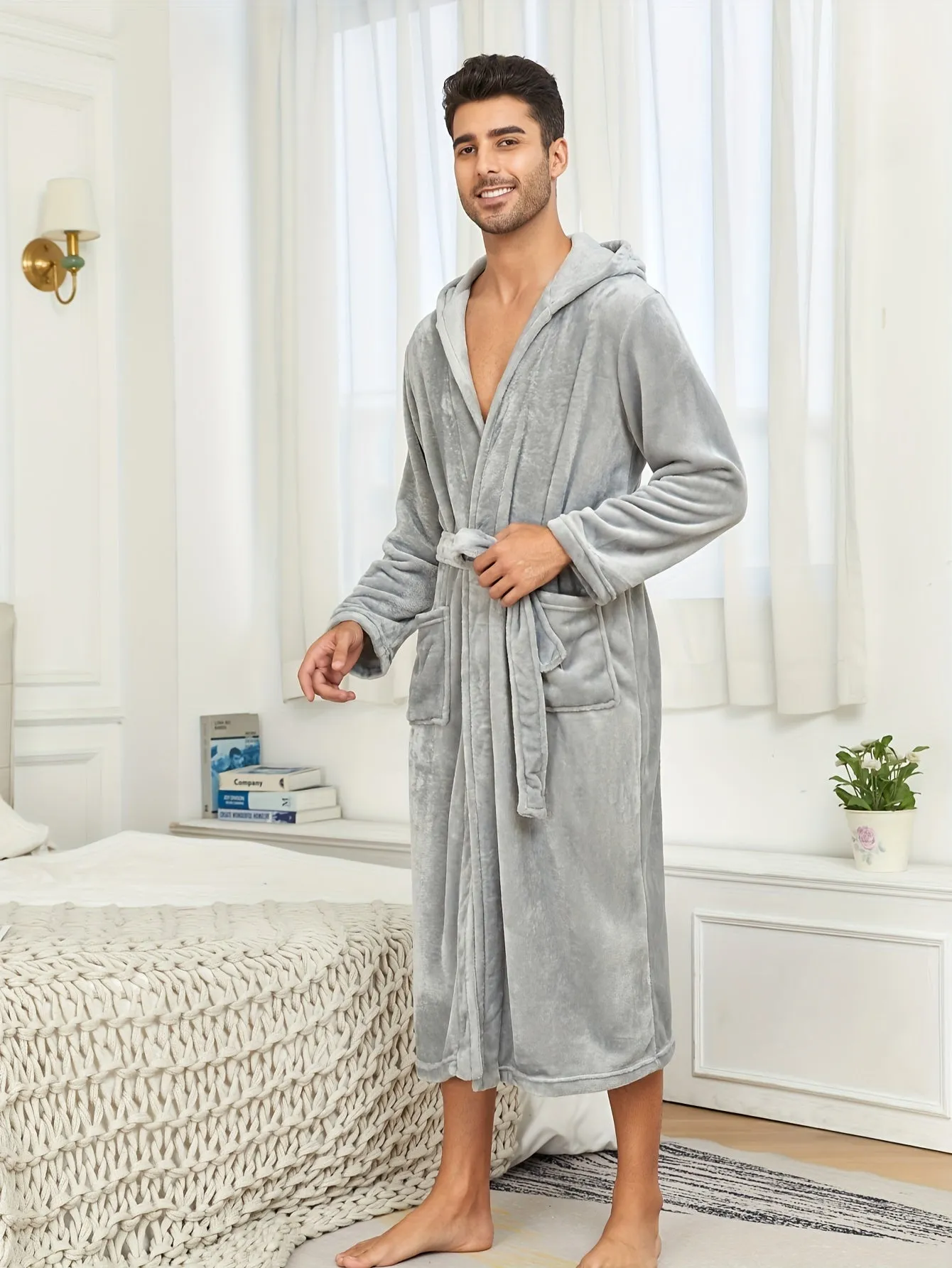 Men's Breathable Comfy Solid Color Bathrobe With Belt For Home Pajamas Soft Flannel Double Layer Hooded Sleepwear Night-robe Set After A Bath