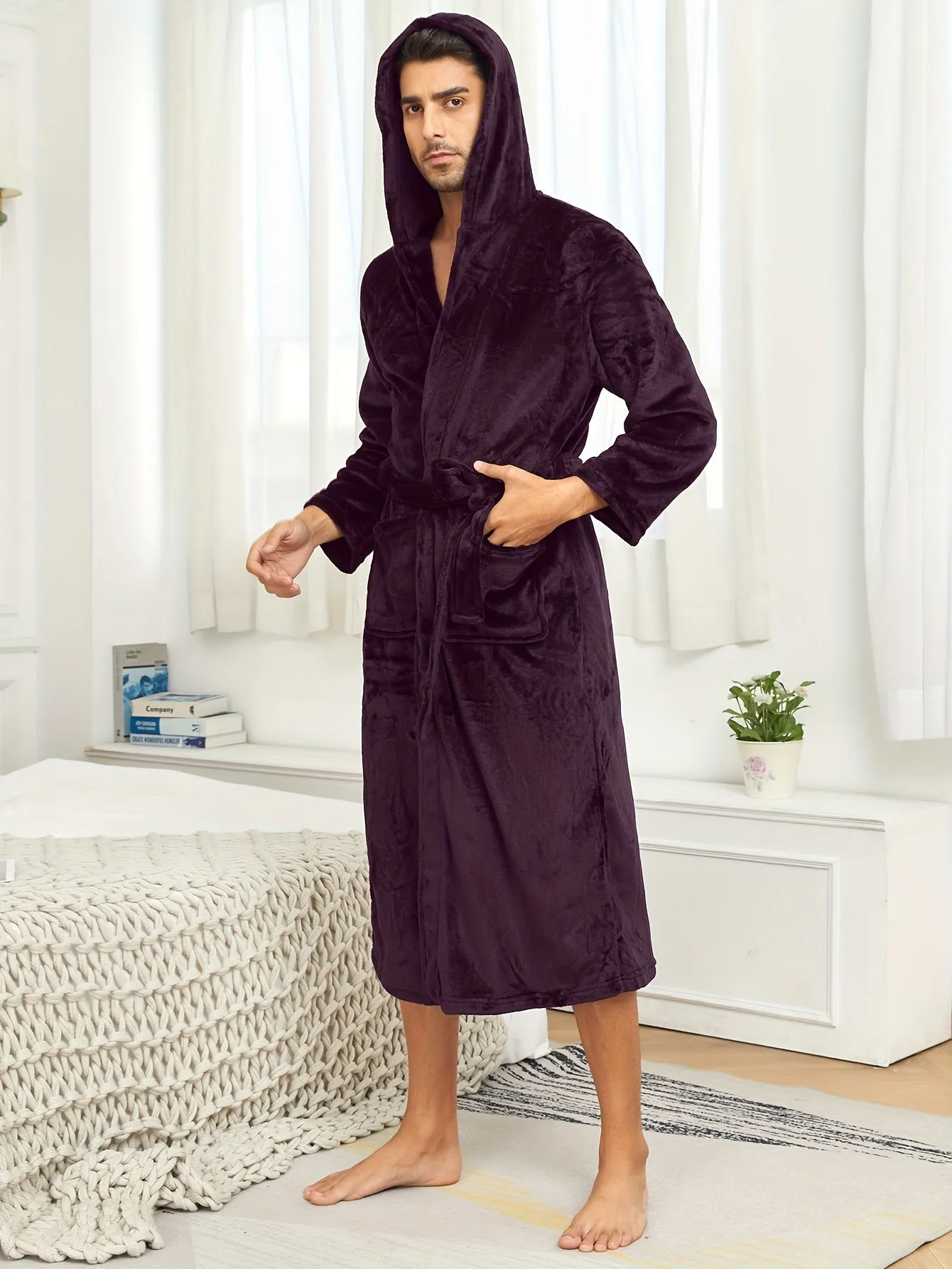 Men's Breathable Comfy Solid Color Bathrobe With Belt For Home Pajamas Soft Flannel Double Layer Hooded Sleepwear Night-robe Set After A Bath