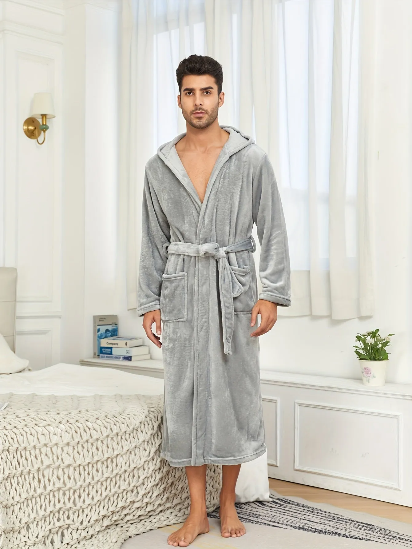 Men's Breathable Comfy Solid Color Bathrobe With Belt For Home Pajamas Soft Flannel Double Layer Hooded Sleepwear Night-robe Set After A Bath