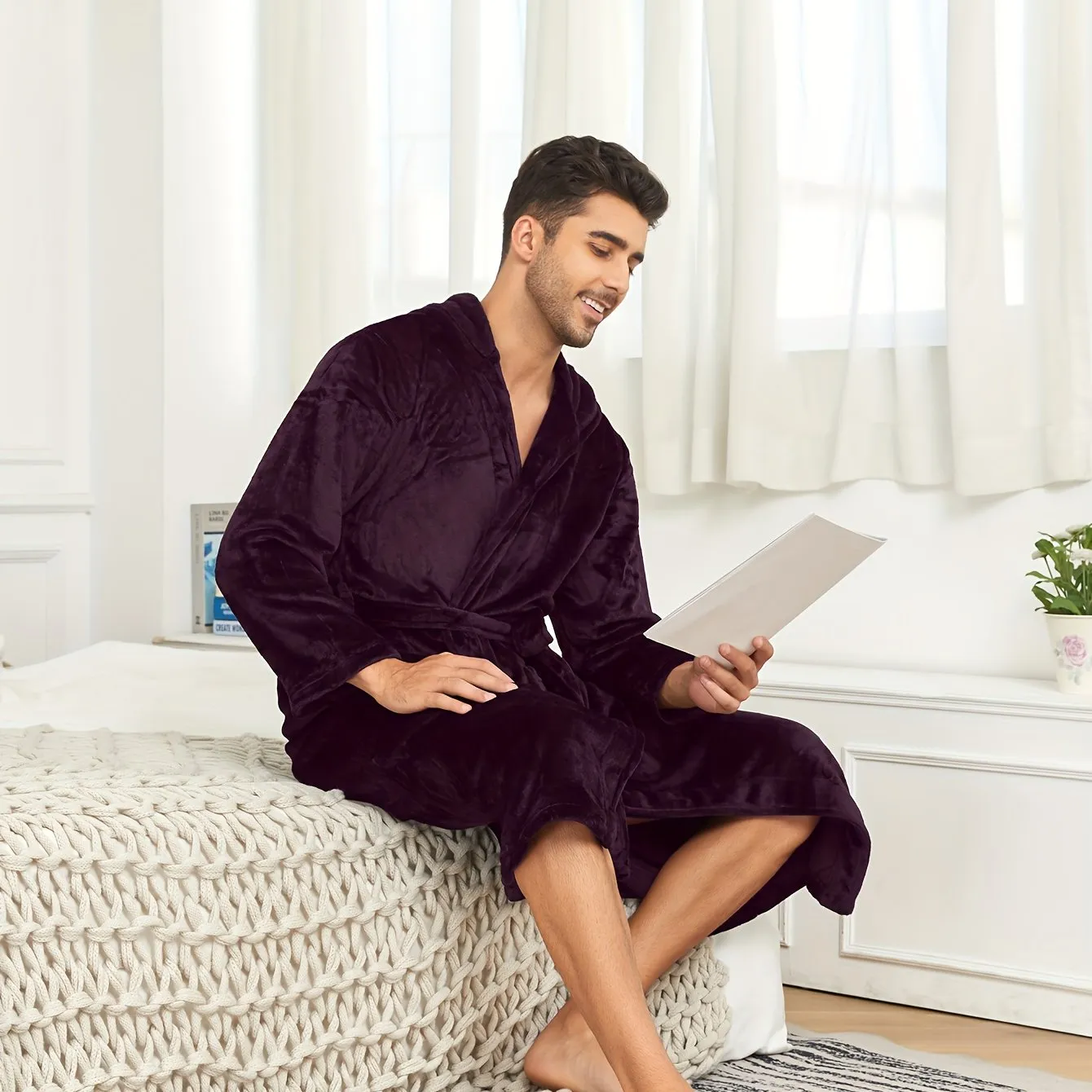 Men's Breathable Comfy Solid Color Bathrobe With Belt For Home Pajamas Soft Flannel Double Layer Hooded Sleepwear Night-robe Set After A Bath