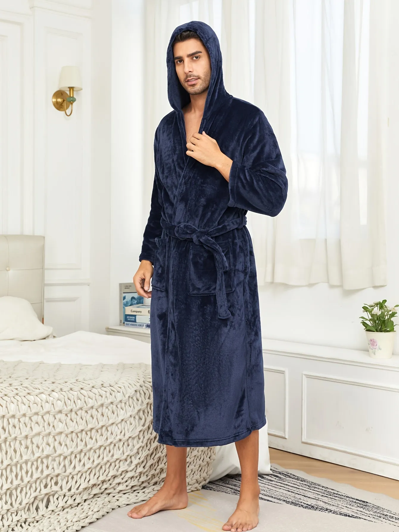 Men's Breathable Comfy Solid Color Bathrobe With Belt For Home Pajamas Soft Flannel Double Layer Hooded Sleepwear Night-robe Set After A Bath