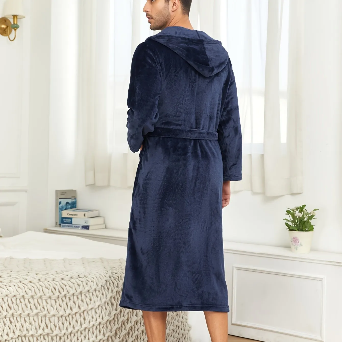 Men's Breathable Comfy Solid Color Bathrobe With Belt For Home Pajamas Soft Flannel Double Layer Hooded Sleepwear Night-robe Set After A Bath