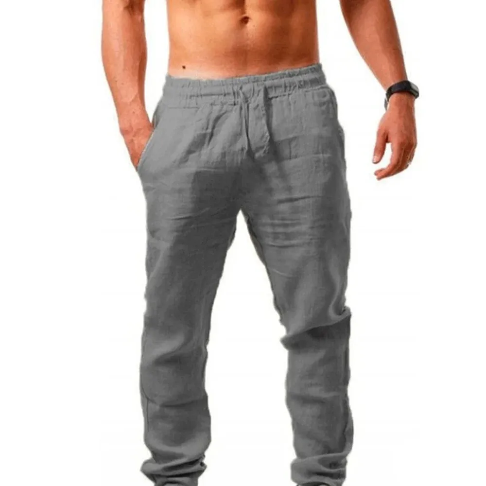 Men's Cotton Linen Pants Male Summer Breathable Solid Color Pants Casual Elastic Waist Fitness Trousers Streetwear