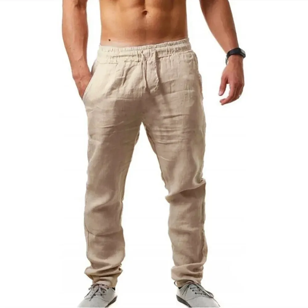 Men's Cotton Linen Pants Male Summer Breathable Solid Color Pants Casual Elastic Waist Fitness Trousers Streetwear