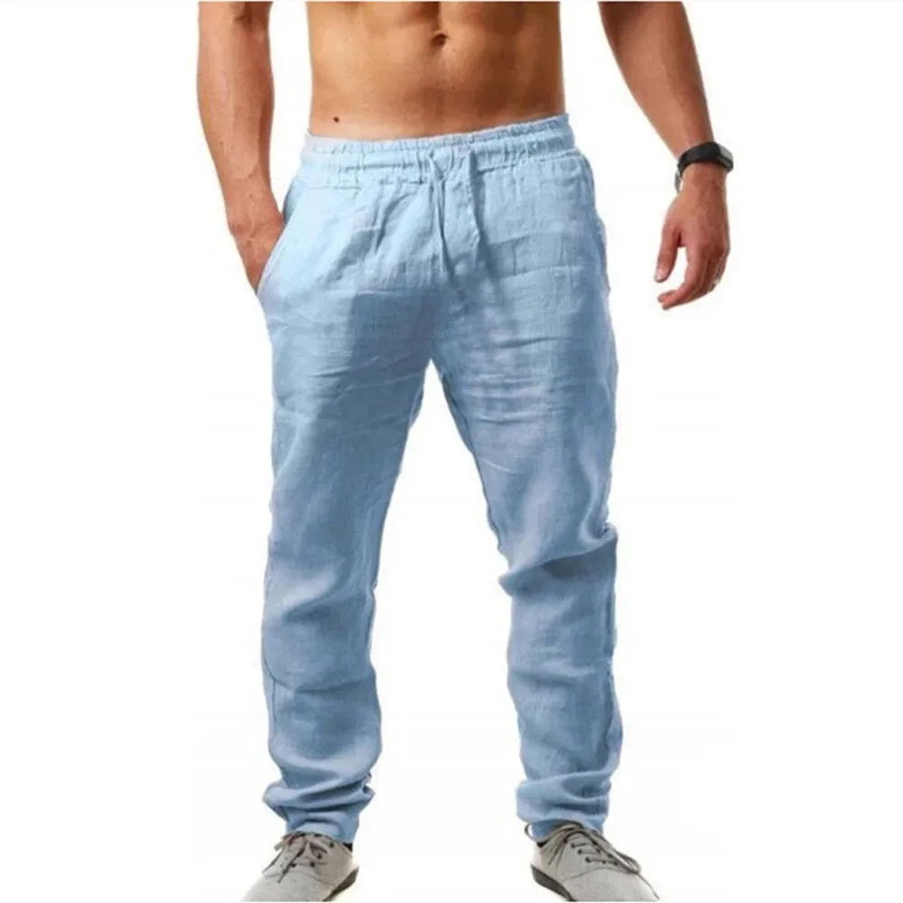 Men's Cotton Linen Pants Male Summer Breathable Solid Color Pants Casual Elastic Waist Fitness Trousers Streetwear