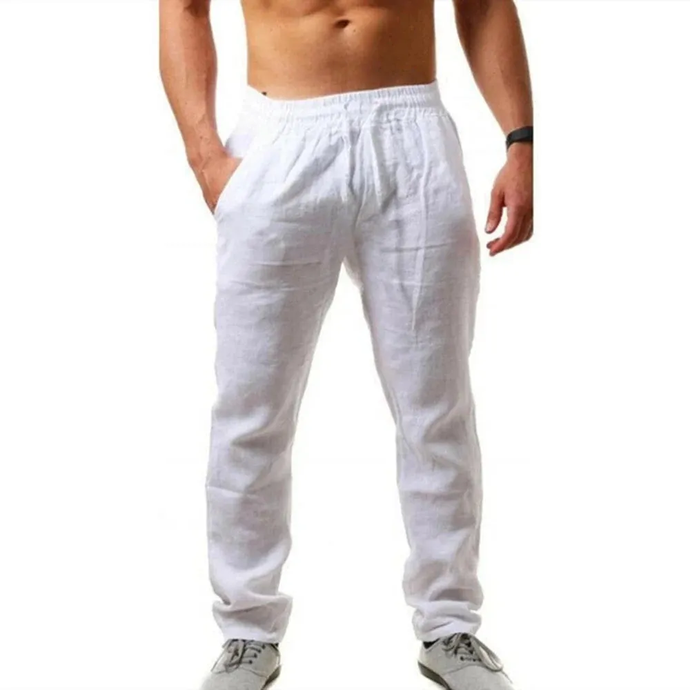 Men's Cotton Linen Pants Male Summer Breathable Solid Color Pants Casual Elastic Waist Fitness Trousers Streetwear