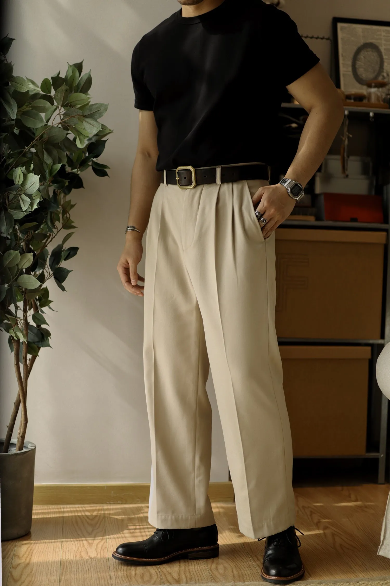 Men's Double Pleated Wide Leg Pants