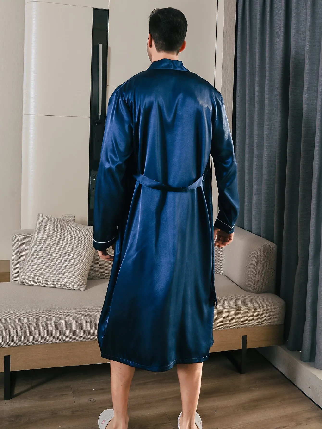 Mens Long Sleeve V-Neck Robe - Lightweight, Breathable, Soft Polyester Ice Silk Fabric with Waist Tie for Comfortable Lounge Wear in Spring, Summer and Fall Seasons - Regular Fit, Solid Color, Woven Robe Set