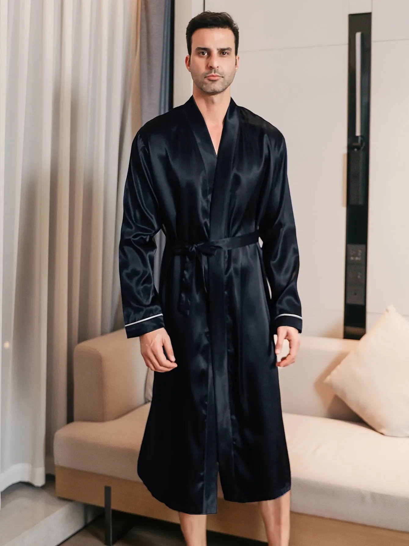 Mens Long Sleeve V-Neck Robe - Lightweight, Breathable, Soft Polyester Ice Silk Fabric with Waist Tie for Comfortable Lounge Wear in Spring, Summer and Fall Seasons - Regular Fit, Solid Color, Woven Robe Set