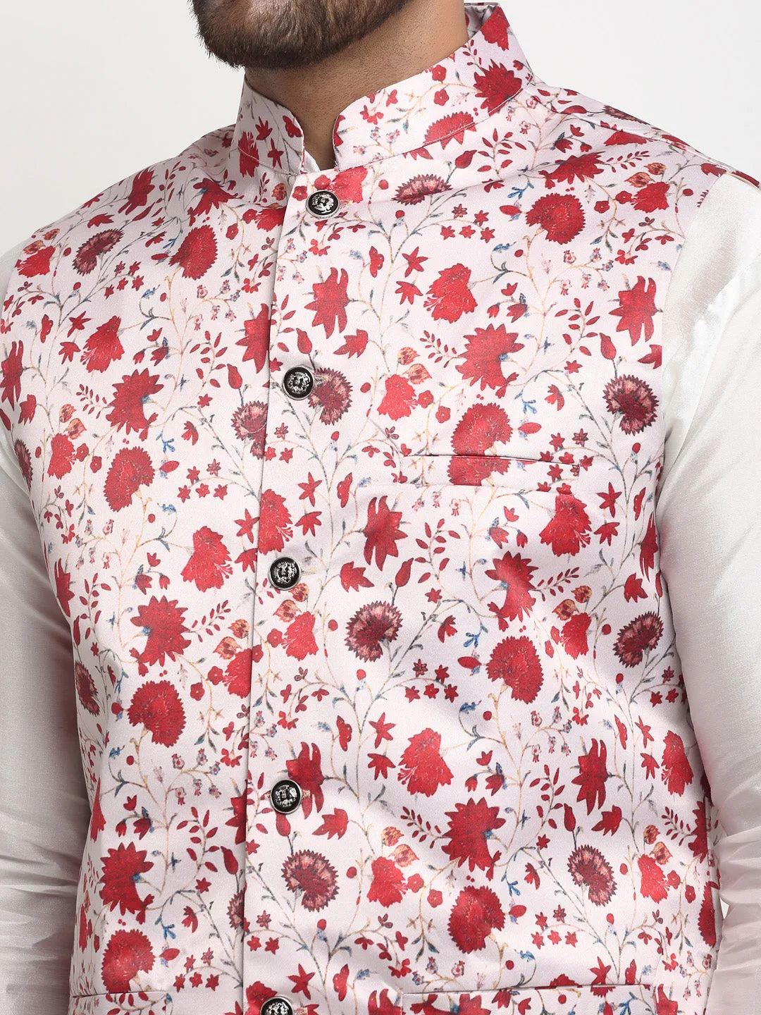 Men's Silk Blend White Kurta With Pyjama & Beige Printed Nehru Jacket - Benstoke