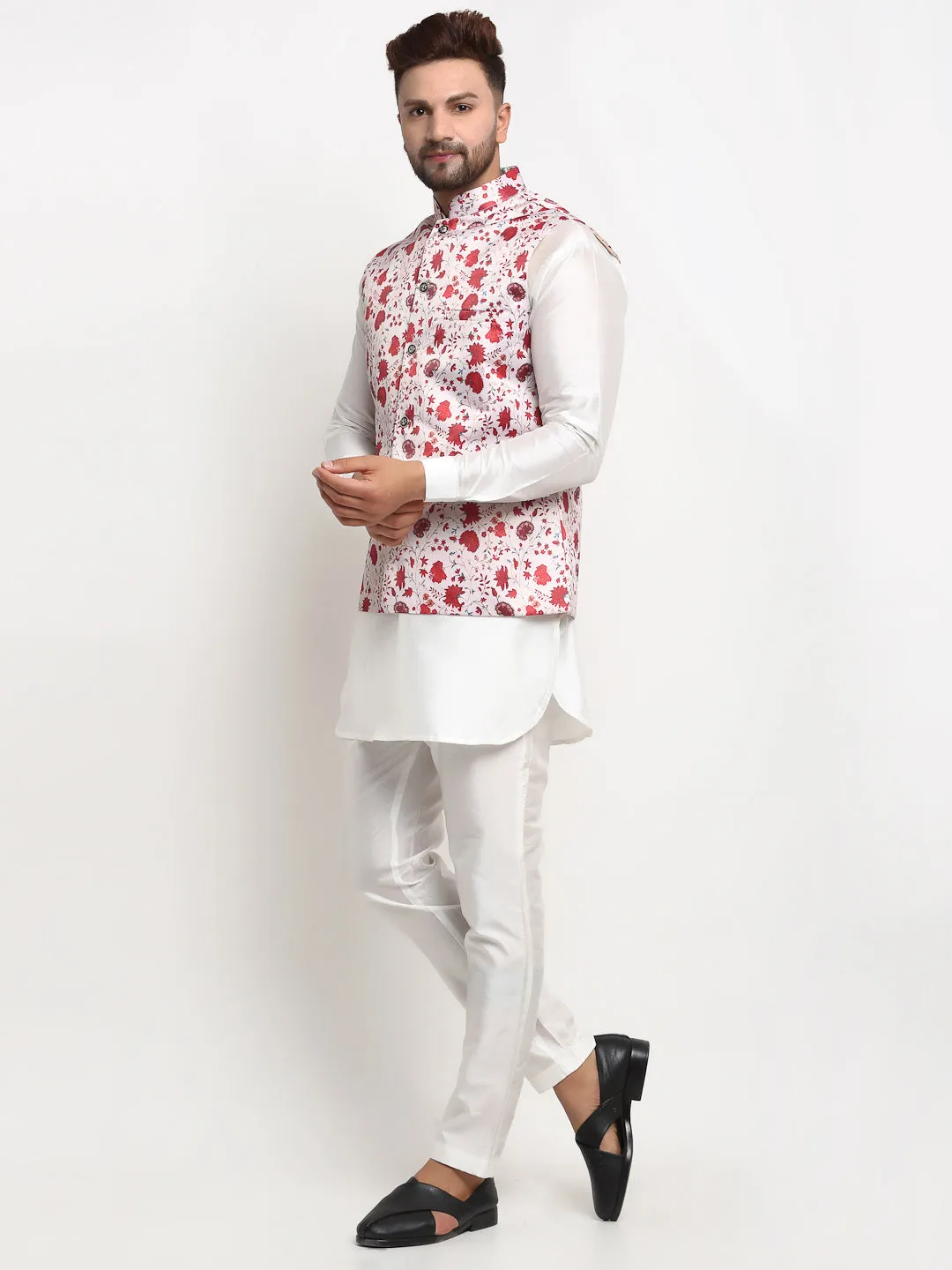 Men's Silk Blend White Kurta With Pyjama & Beige Printed Nehru Jacket - Benstoke