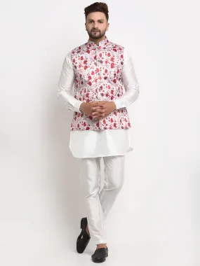 Men's Silk Blend White Kurta With Pyjama & Beige Printed Nehru Jacket - Benstoke