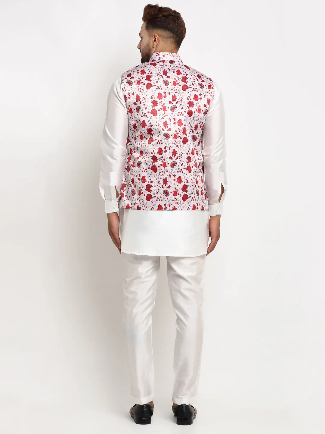 Men's Silk Blend White Kurta With Pyjama & Beige Printed Nehru Jacket - Benstoke