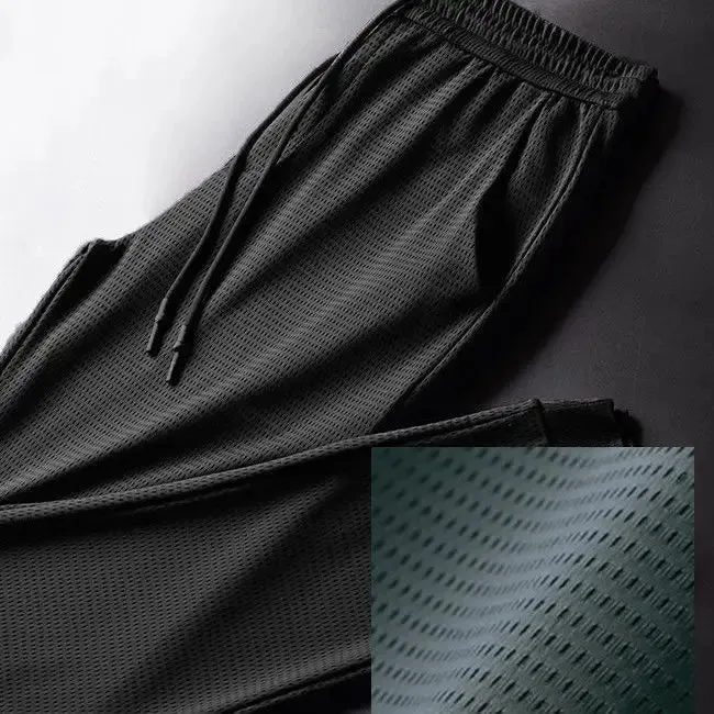 Men's Summer Ice Silk Pants Mesh Breathable Casual Thin Quick Dry Pants Loose Elastic Beam Feet Pants Sports Fitness Pants