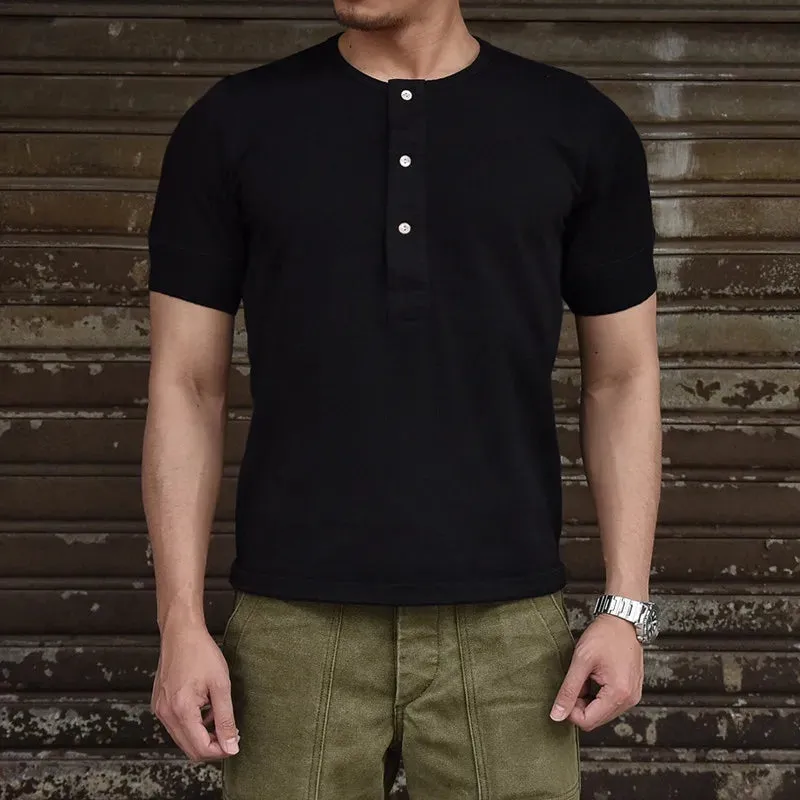 Men's Vintage Henley Collar T-shirt with Short Sleeves and Ribbed Cuffs