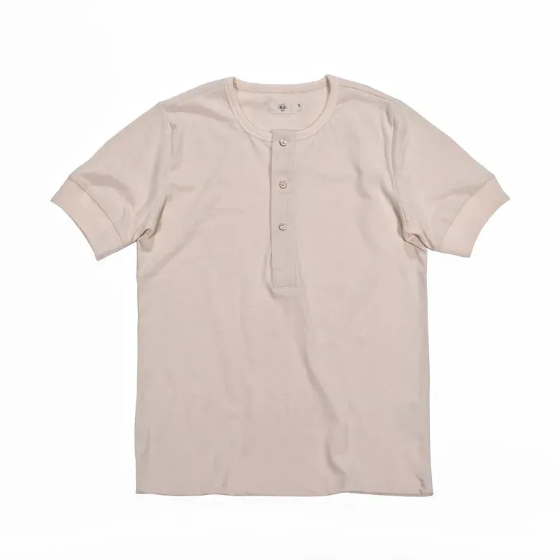 Men's Vintage Henley Collar T-shirt with Short Sleeves and Ribbed Cuffs