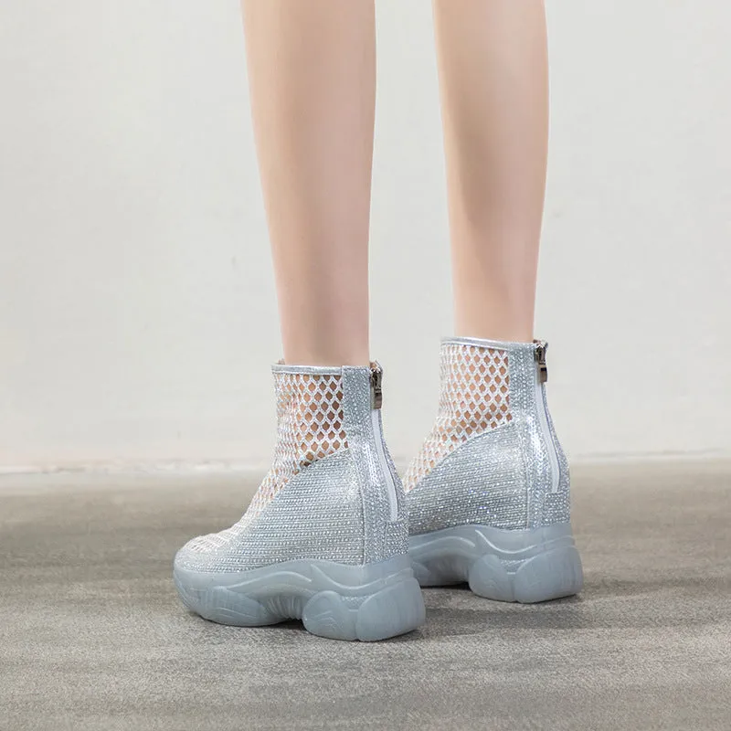 Mesh Boots for Women  Summer New Breathable Mesh Platform Inner Height Increasing Boots Mesh Boots Women Hollow out Jelly Bottom