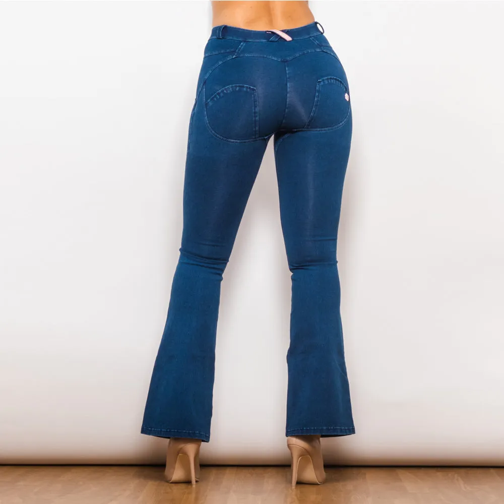 Mid Waist Dark Thread Blue Flare Jeans