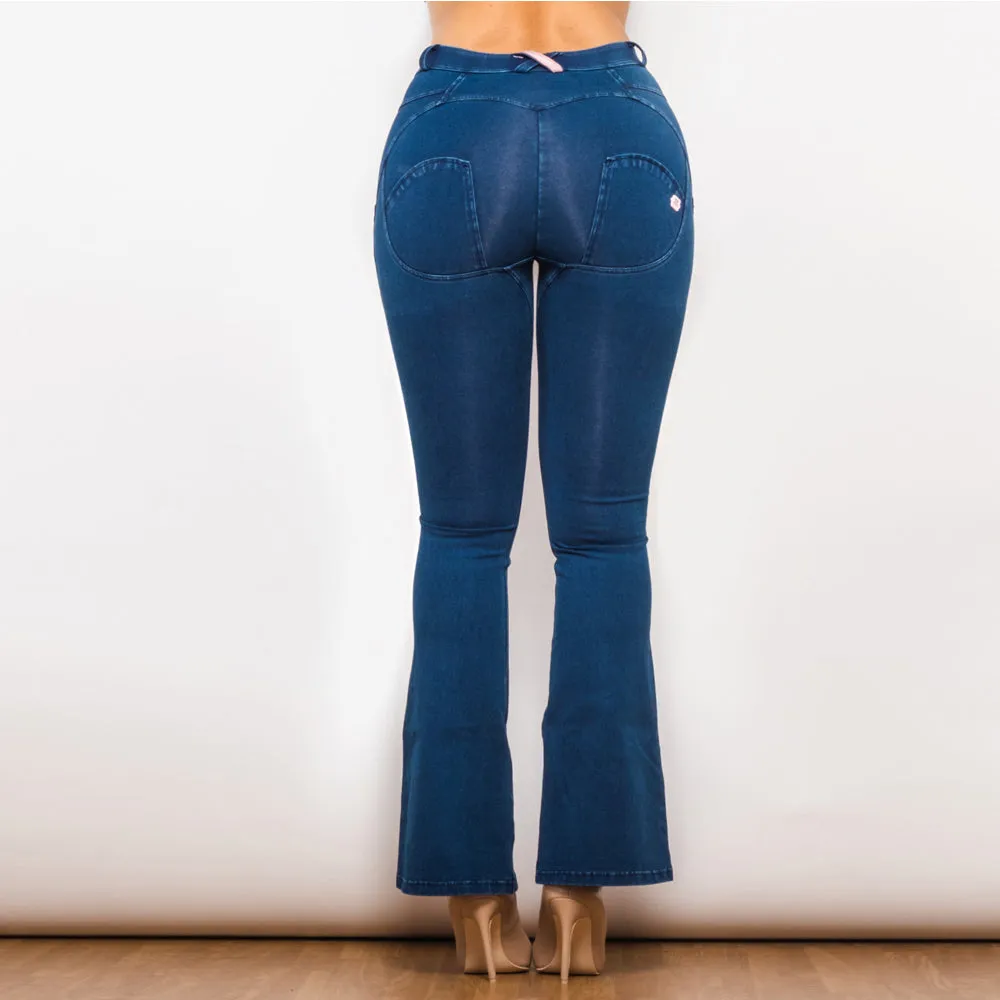 Mid Waist Dark Thread Blue Flare Jeans