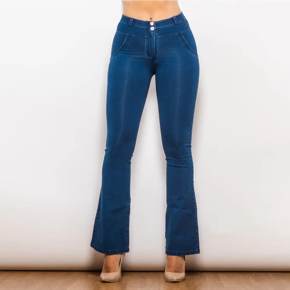 Mid Waist Dark Thread Blue Flare Jeans