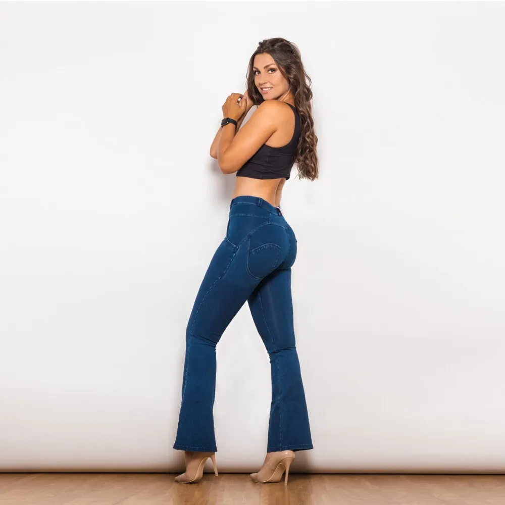 Mid Waist Dark Thread Blue Flare Jeans