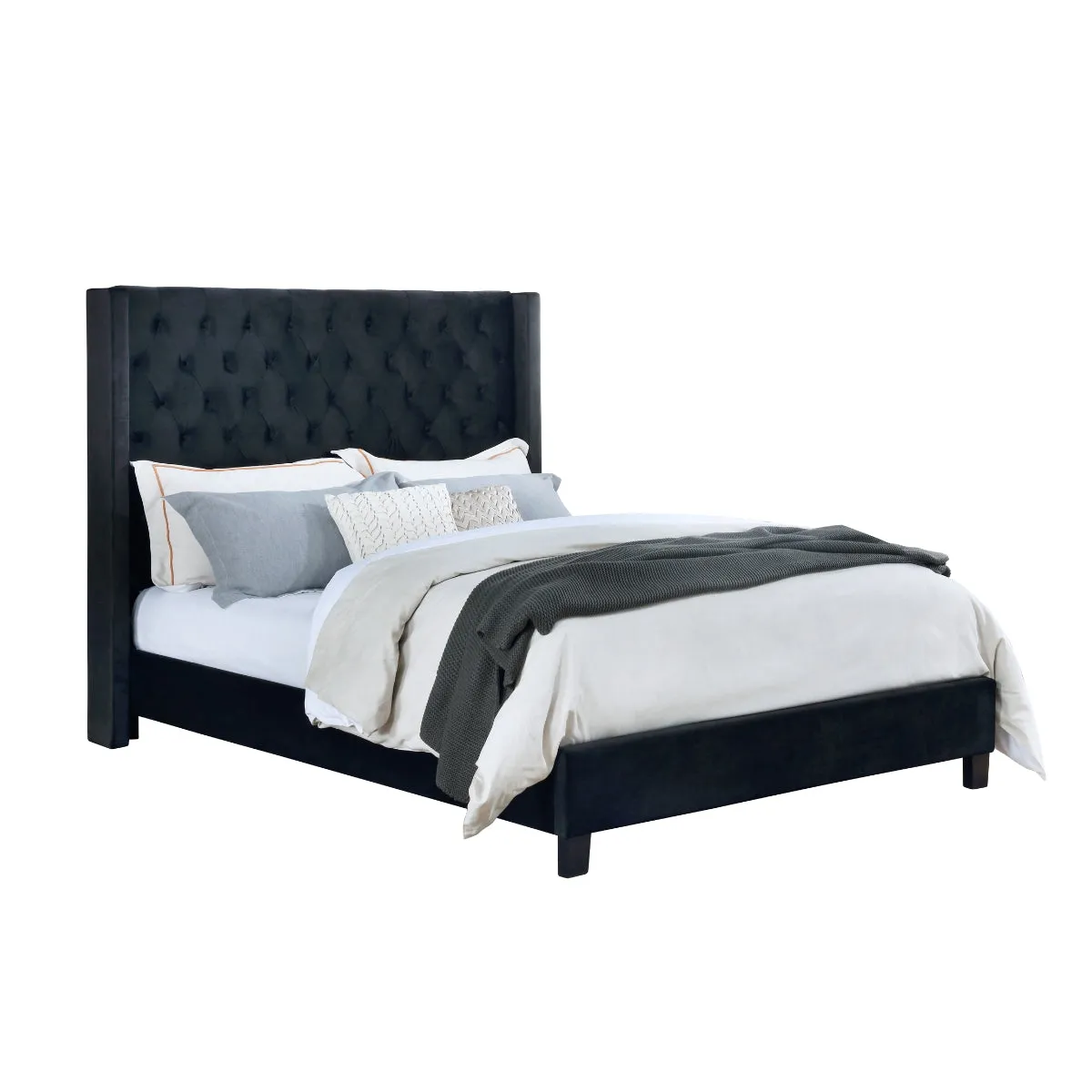 Modern Winged Headboard King Bed with Diamond-Quilted Pattern and Button Tufting