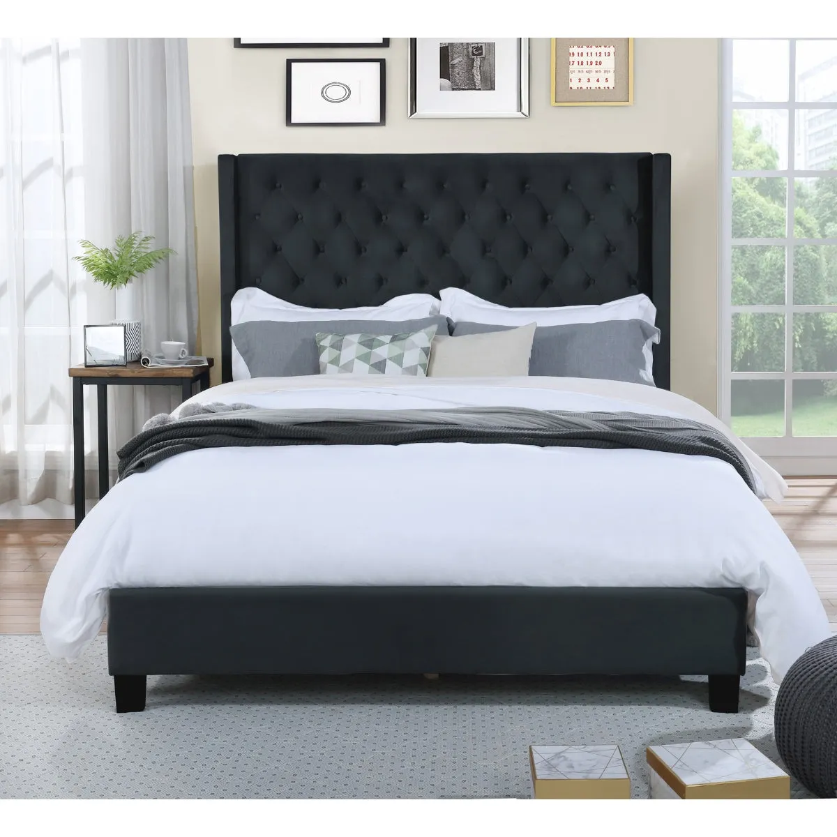 Modern Winged Headboard King Bed with Diamond-Quilted Pattern and Button Tufting