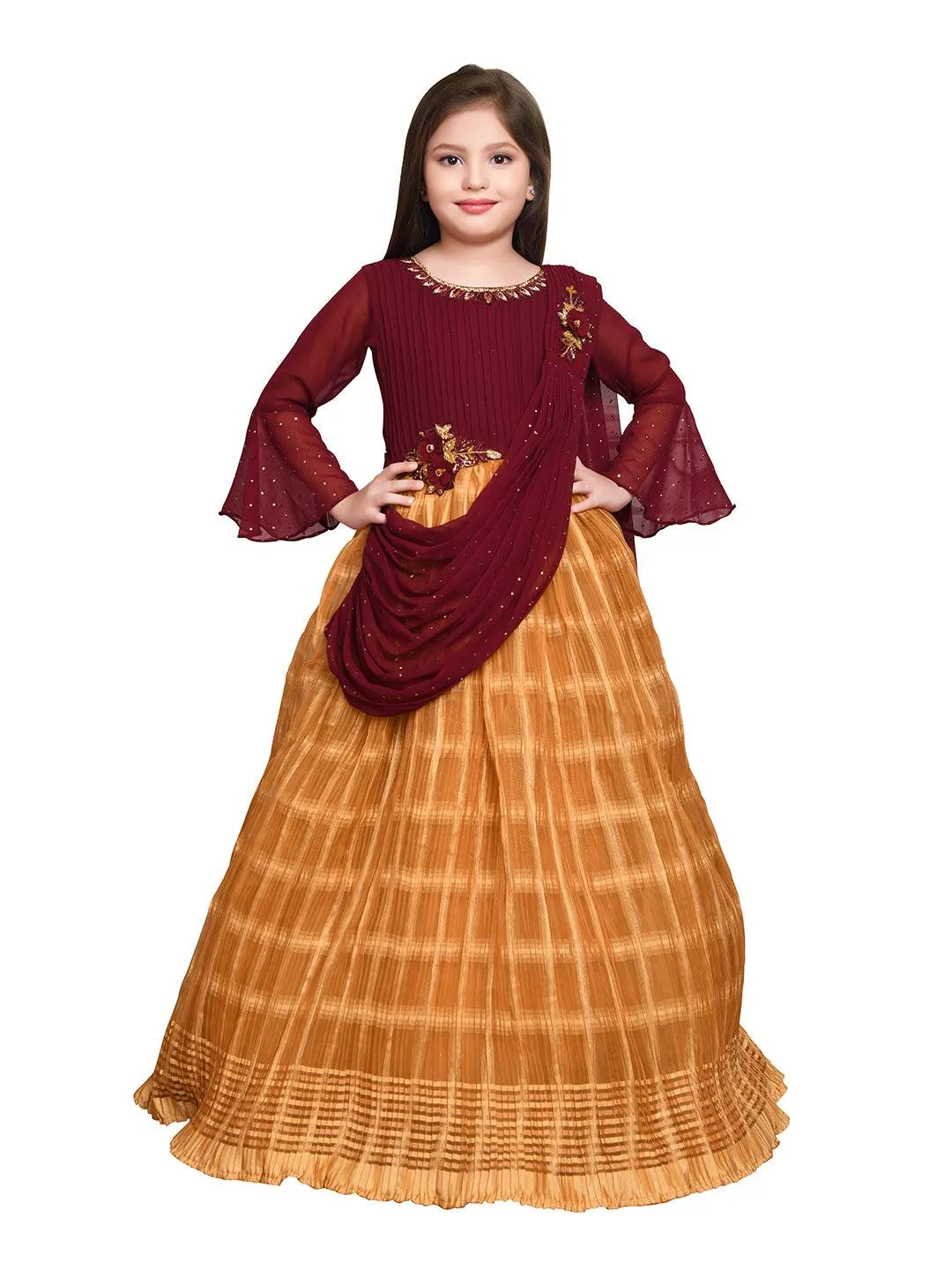 Mustard Coloured Trendy Saree Style Gown For Girls