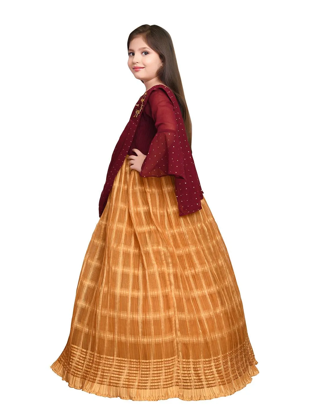 Mustard Coloured Trendy Saree Style Gown For Girls