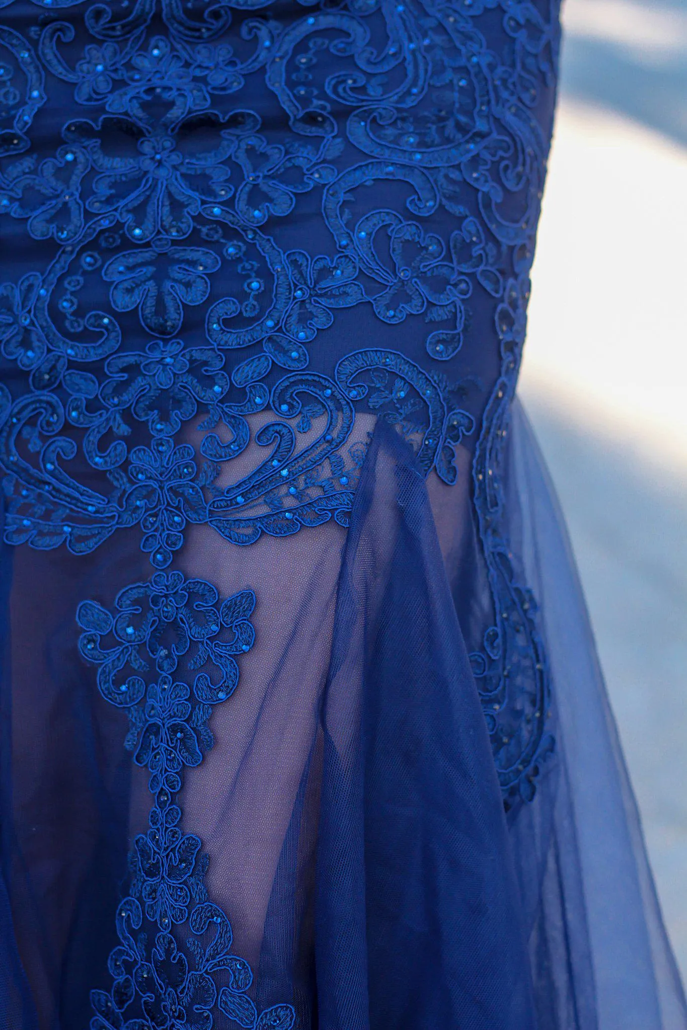 Navy Lace Maxi Dress with Tulle Detail