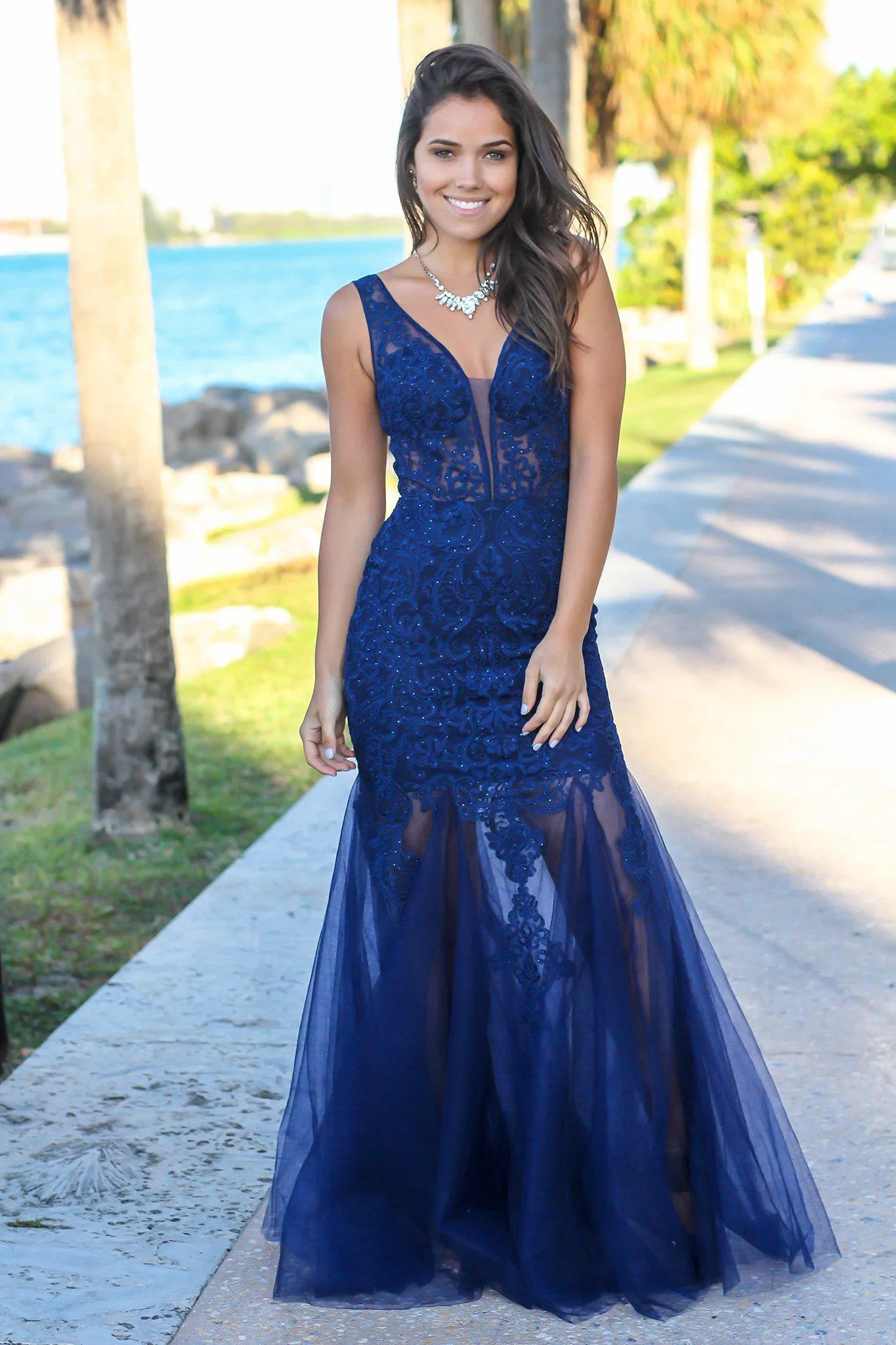 Navy Lace Maxi Dress with Tulle Detail