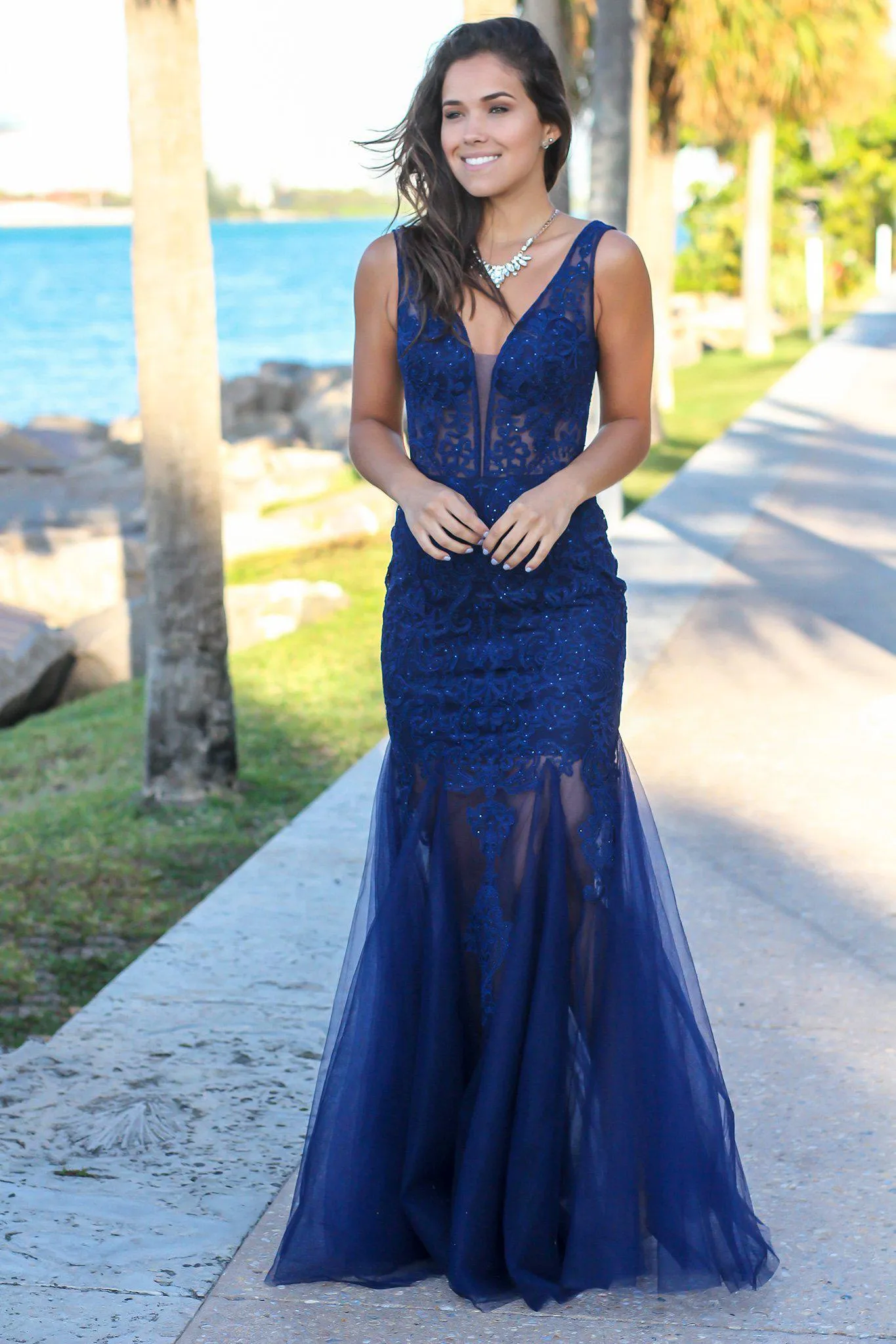 Navy Lace Maxi Dress with Tulle Detail